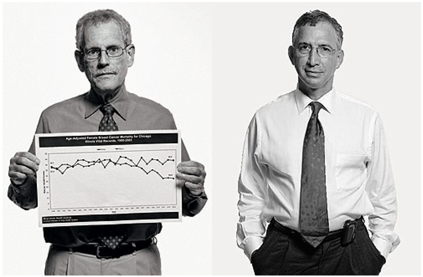 David Ansell with a breast cancer mortality chart and in a studio portrait